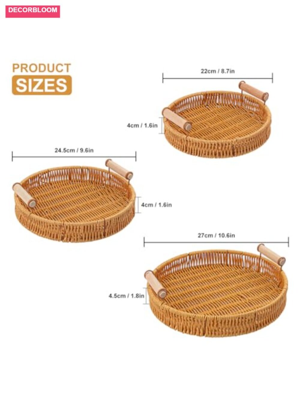 3 Pack Round Rattan Serving Trays with Handles Woven Baskets for Home - Picture 2 of 6